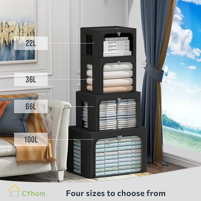 CYhom Clothes Storage Bins Box - Linen Fabric Foldable Stackable Container Organizer Set with Clear Window & Carry Handles & Metal Frame (Black, Large-66L) - Image 5