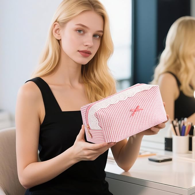 Makeup Bag Travel Toiletry Bag for Women, Small Cosmetic Bags with Lace Trim Cute Blush Stripe Aesthetic Organizer Makeup Pouch for Purse Emergency Bag Pencil Case Accessory Bag - Image 2