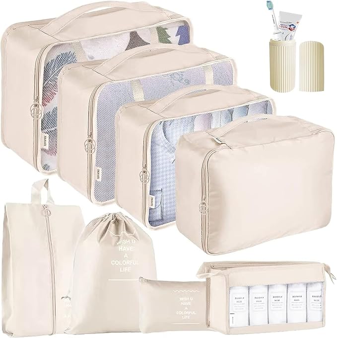 8 Pcs Packing Cubes, Travel Luggage Organizer for Men and Women, Toiletry Bag, Packing Cubes for Travel - Set of 8, 2. Beige, 9 Pieces Set with Toothbrush Holder, Travel Accessories by Unknown