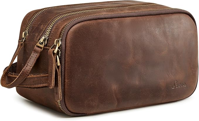 S-ZONE Leather Travel Toiletry Bag for Men Women Cosmetic Shaving Bags | Vintage Top Grain Leather, Multi Compartments, Bronze Hardware, Compact Dopp Kit by S-ZONE
