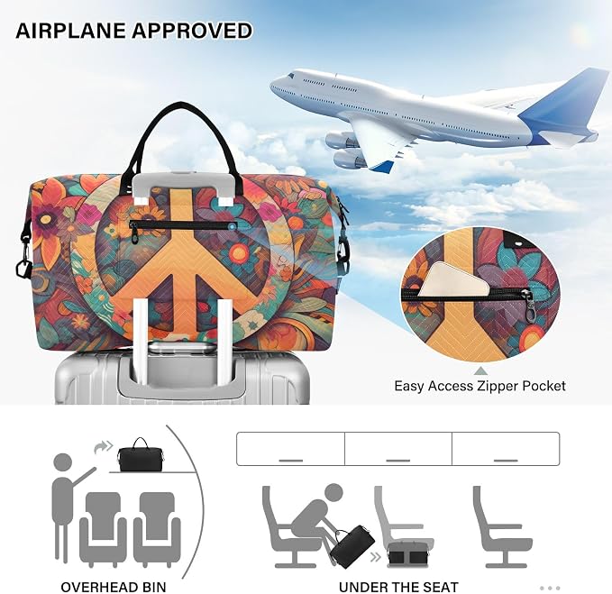 Duffel Bag Set with Toiletry Bag for Travel Gym Sport, Luggage Sleeve Weekender Bag Carry on Overnight Bag-Hippie Peace Print - Image 7