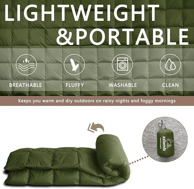 zzlamb Puffy Down Camping Blanket Water-Repellent, Down Throw Travel Blanket Portable for Outdoor, Light Warm Quilt for Couch Plane Car Theater Stadium Picnic RV Backpacking Hammock - Image 5