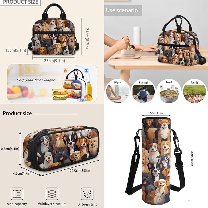 Adorable Dog Backpack for School，4Piece Cartoon Dog Face Print Schoolbag with Lunch Box and Pencil Case，Water Bottle Carrier Bag,Large Capacity 17Inch Child Backpack for Boys Girls - Image 6