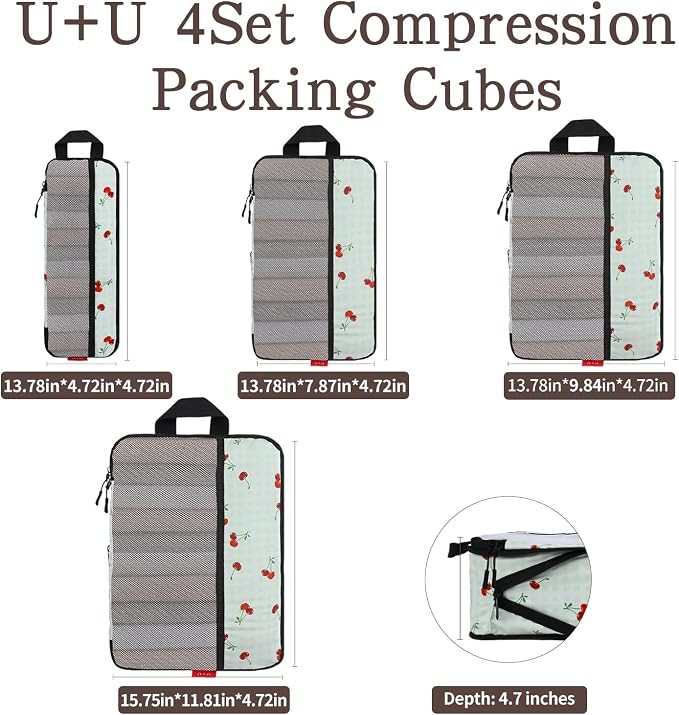 U+U 4 Set Compression Packing Cubes - Ultralight Travel Organizers, Space-Saving Suitcase Organizer, Expandable Packing Cubes for Travel, Business Trip and Family Vacation (Sage Green Cherry) - Image 3