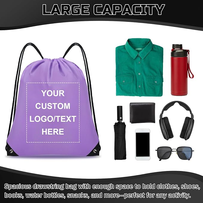 Grneric Custom Drawstring Bags Bulk 10/20/50/100/200 Pack, Promotional Items With Your Logo Personalized String Backpack for Gym, Sport, Travel, Light Purple - Image 4