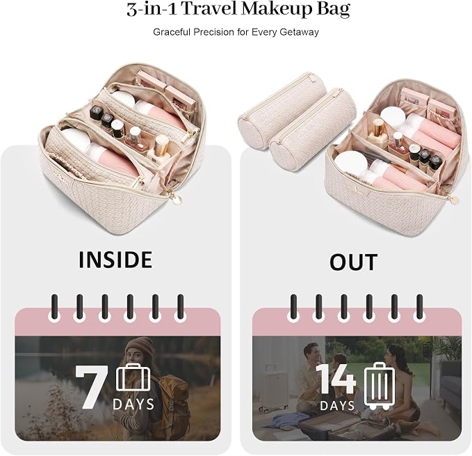 Travel Makeup Bag for Women: Designer 3 Pcs Set Cosmetic Bags for Women - Large Capacity Vagen Leather Hand-made for Toiletry Organizer - Ladies Travel Flat Open Essentials for Luxury (05White) - Image 6