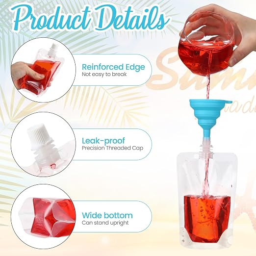 Patelai 150 Pieces Plastic Liquid Pouch Reusable Juice Pouches Travel Water Leak Proof Bags Bulk with Collapsible Silicone Funnel for Travel Outdoor (6 oz) - Image 2