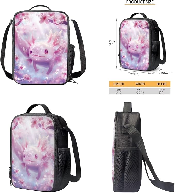 Cherry Blossom Axolotl Backpack for Girls Kids Backpack with Lunch Box Water Bottle Carrier and Aesthetic Pencil Case 4PCS Set Cute Bookbag with Compartments for School 17" Large School Bag - Image 5