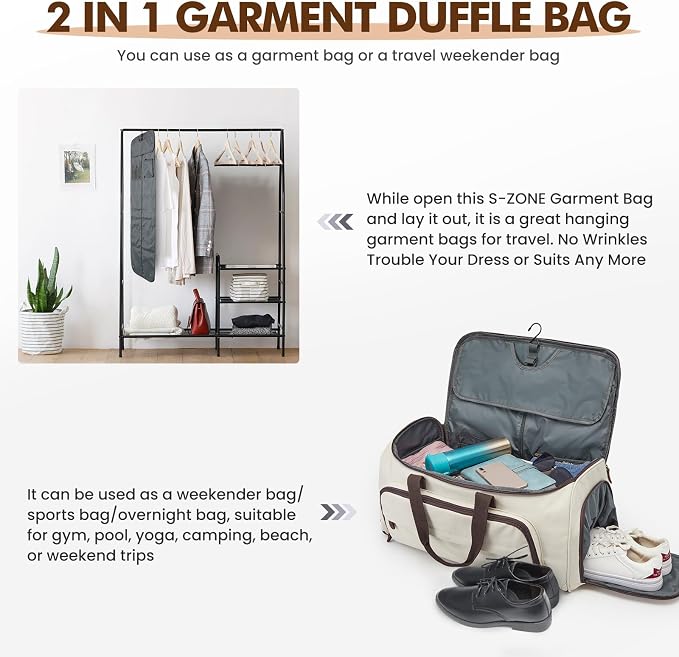 S-ZONE Garment Bag for Travel Convertible Duffle Bag Suit Bag for Men Women | 2-in-1 Hanging Suitcase, with Toiletry Bag, Wet/Dry Pockets, Shoe Compartment, Trolley Sleeve, Carry-on size, Beige - Image 5