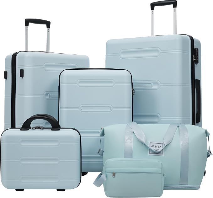 Merax Luggage Set 6 Piece,Lightweight Hardshell Suitcase with Wheels | 14 IN Cosmetic Case 20/24/28 IN Luggages with Handle Password Lock Duffel Bag and Toiletry Bag,Light Blue by Merax
