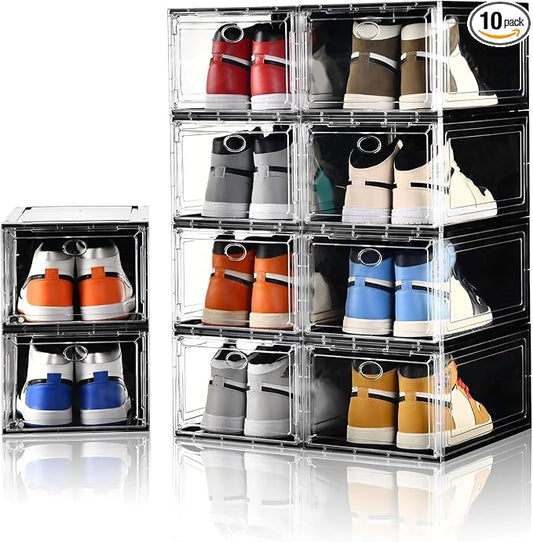 Amllas 10 Pack Shoe Boxes Stackable,Upgraded Sturdy Storage Boxes with Clear Magnetic Door,Multifunctional Sneaker Organizer Fit up to US Size 12 (13.8”x 9.84”x 7.1”) by Amllas