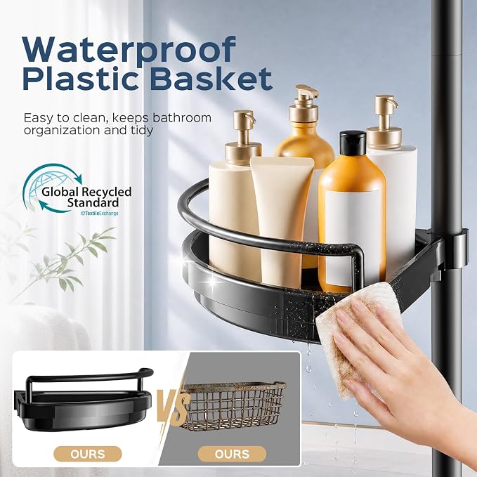 HAMITOR Corner Shower Caddy Tension Pole: Adjustable Stainless Steel Shower Organizer 4 Tier Shelf for Bathroom Bathtub Shampoo - Floor Standing Rack Bath Storage Holder with Rust Proof Rods - Black - Image 4
