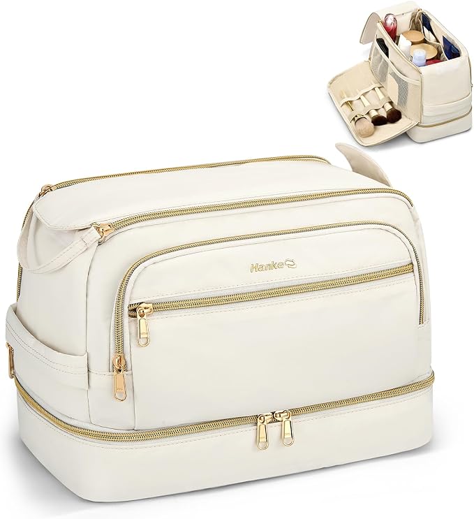 Hanke Travel Toiletry Bag, Lightweight Wide-open Makeup Bag, Dual-Layer Travel Bag for Toiletries Water-Resistant Cosmetic Bags Large Toiletry Bags for Women & Men, Travel Essentials, Off White by Hanke