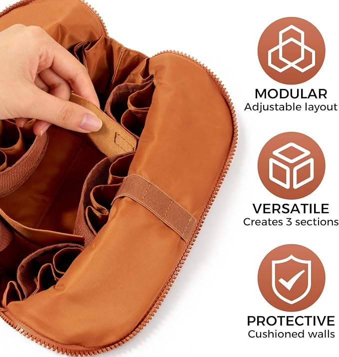 Travel Makeup Organizer Bag with Fold-Down Design and Adjustable Dividers, 27 Pockets & 3 Brush Storage Holders, Large Capacity Cosmetic Bags Toiletry Case - Brown - Image 5