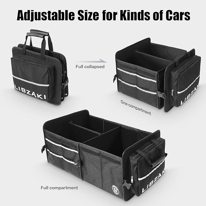 LIBZAKI Car Trunk Storage Organizer, Multi Compartment Collapsible Trunk Storage Box for Car Truck SUV-Black - Image 3