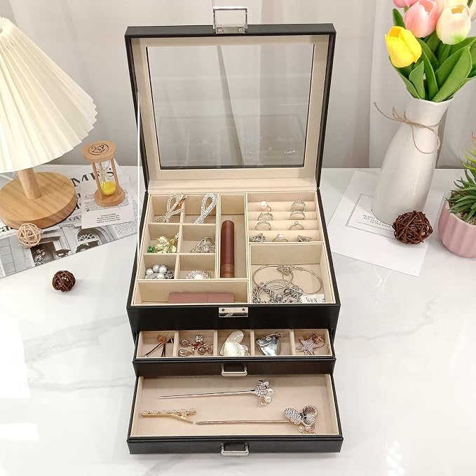 BOOVO Clear Lid Jewelry Box,3 Layers Jewelry Organizer Large Jewelry Storage Box with 2 Drawers,Jewelry Holder Organzier of Rings Earrings Necklace Bracelets for Women (Black, 3 Layer) - Image 8