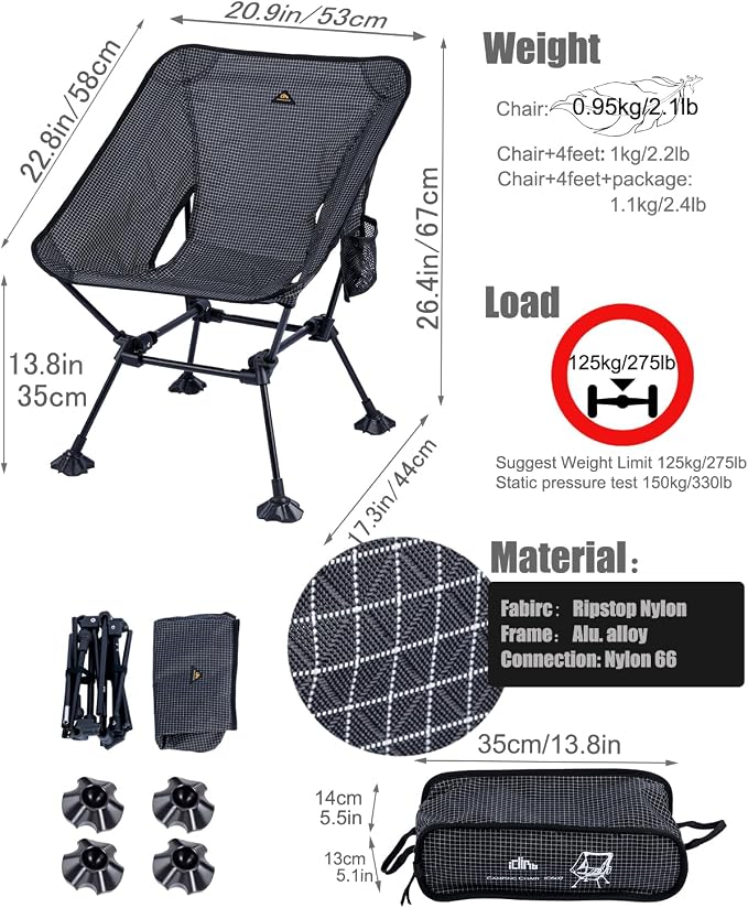 iClimb Ultralight Compact Camping Folding Beach Chair with Anti-Sinking Large Feet and Back Support Webbing (Black Grid- Square Frame) - Image 3