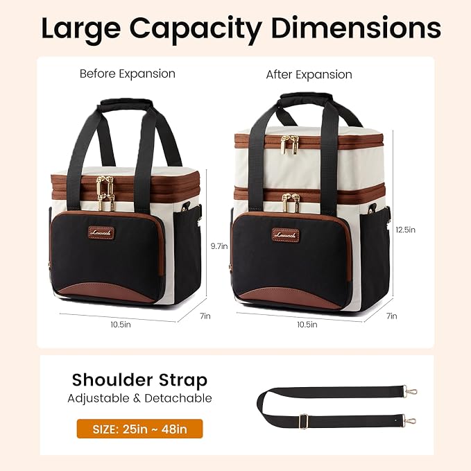 LOVEVOOK Insulated Lunch Bag For Women,Large Double Deck Adult Lunch Box,Teacher Lunch Tote Bag With Cup Holder,Leakproof Cooler Bag With Adjustable Shoulder Strap For Work Picnic Beach,Larger 15L - Image 6
