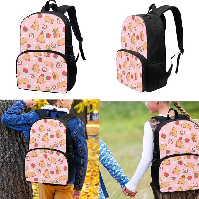 Capybara Strawberry School Bags for Girls, 3Pcs Students Backpack, Elementary Princess Bookbag Sets with Lunch Box Pencil Case for School - Image 2