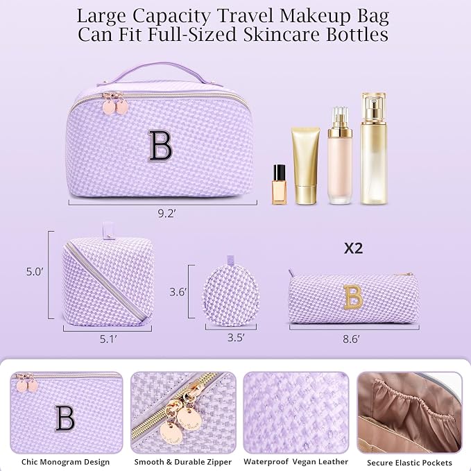Personalized Gift Travel Makeup Bag: Initial Makeup Organizer Bag for Women | 3-in-1 Custom Make up Bag Set - Vegan Leather Travel Cosmetic Bag - Luxury Gift for Women – Birthday, Anniversary, Graduation - Image 6