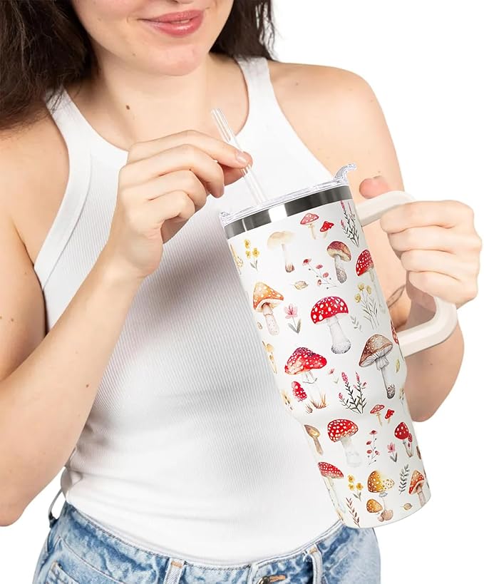 30 Oz Mushroom Tumbler With Handle,Mushroom Coffee Travel Mug Cup Water Bottle,Mushroom Decor,Mushroom Gifts for Women