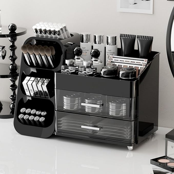 Makeup Organizer with Drawers, Large Capacity Countertop Organizers for Vanity,Bathroom and Bedroom Desk Cosmetics Organizer,Easy To Storage Skincare,Brushes,Lotions,Lipstick (Black) - Image 3