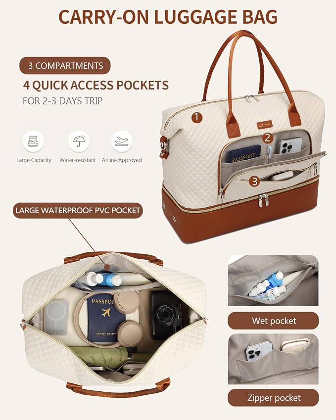 Weekender Bags for Women, Travel Tote Duffle Bag Carry On Overnight Bag with Cosmetics Bag and Crossbody Purse for Gym Hospital, Gifts for Women, Beige Brown - Image 5