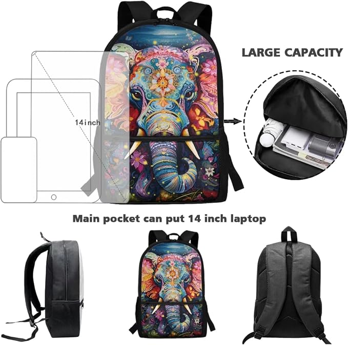 Aztec Tribal Elephant Print Backpack Set Large Capacity Schoolbag Lunch Box Pencil Case 17 Inch Travel Laptop Backpacks Lightweight Rucksack Casual Daypack for Hiking Camping - Image 3