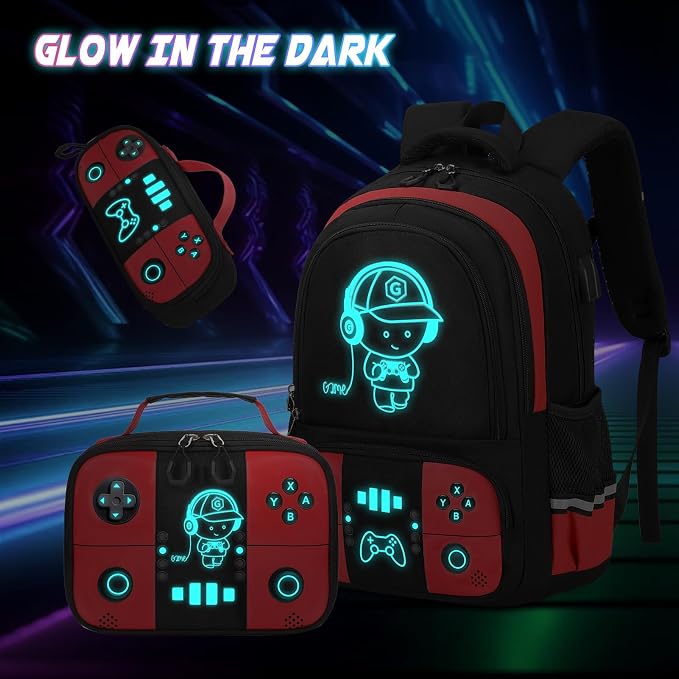 Bevalsa Backpack for School Boys, Cool Luminous Gamer Boys Schoolbag with Lunch Box & Pencil Case Set for Kids Teens Elementary Middle School, Bookbag Glow In The Dark(Red Backpack) - Image 2