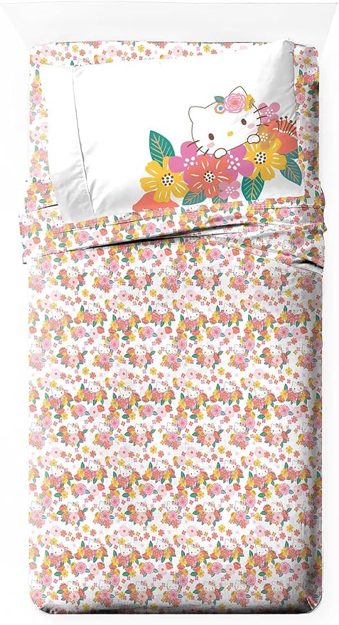 Jay Franco Sheet Set with Fitted, Flat Sheets & Pillow Cover - Ultra-Soft Bedding with Pillowcase for Room Decor, Multi - Hello Kitty, 3 Piece Twin by JayFranco