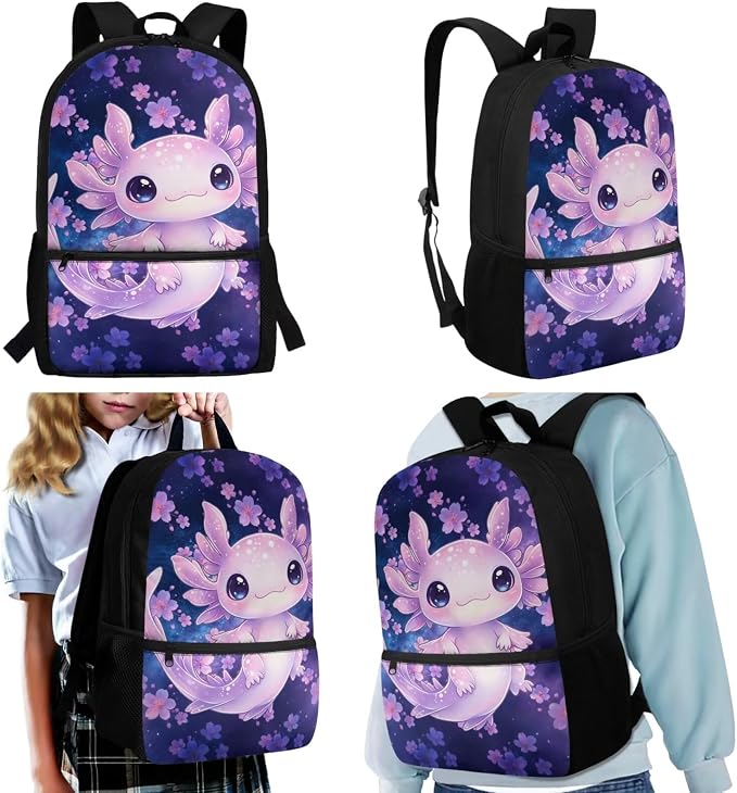 Axolotl 17'' Kids School Backpack, 4-in-1 Set with Insulated Leak-Proof Lunch Bag, Large Pencil Case & Water Bottle Holder, Lightweight Water-Resistant Bookbag for Girls Age 6-12 - Image 2