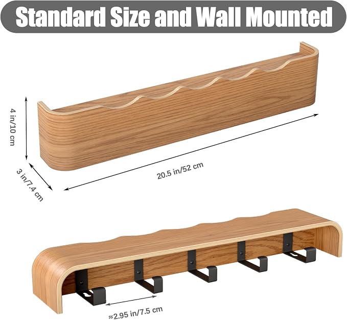 Coat Rack Wall Mount with Shelf 5 Hidden Hooks Modern Wooden Key Holder Entryway Organizer for Hallway Bedroom Bathroom Home Decor Storage for Hanging Coats Hats Bags Towels, Wave-Shape Oak - Image 3