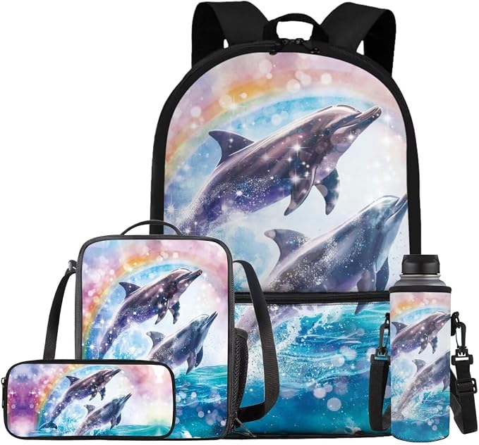 Dolphin Backpack and Lunch Box Set Boys Toddler Fashion Hot Water Bottle Cover and Pencil Case Large Capacity Lunch Box Insulated Kids for Secondary Schools by Bivxisrvo