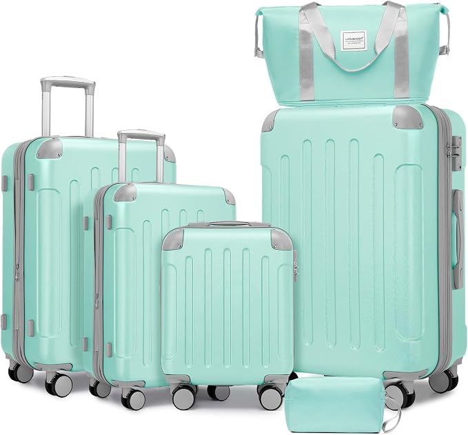 6 Piece Luggage Set Hard Shell - Mint Green Expandable Suitcases with Spinner Wheels and Duffel Bags for Family Travel, Durable Carry On Luggage Sets with Lock for Women and Men by Unknown