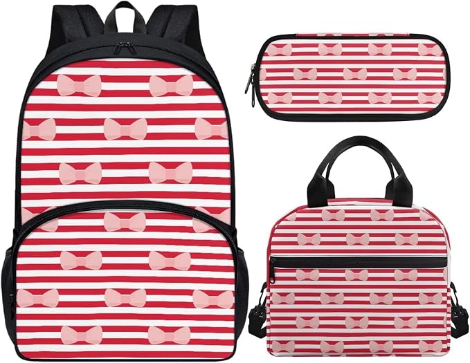 Red Bow knot Striped Backpack Set for Girls Kids Lightweight Cute School Backpack with Lunch Box Pencil Case Adjustable Strap Padded Book Bag Insulated Lunch Bag - Image 2