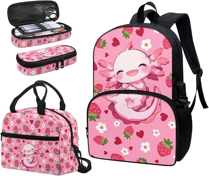 Cute School Backpack for Girls, Kids Strawberry Axolotl Backpack School Bookbags with Insulated Lunch Box Pencil Case 3 in 1, Lightweight School Bag - Image 6