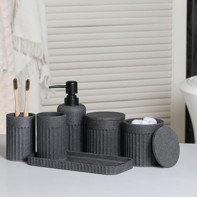INIUNIK Bathroom Accessory Set - 6 Pieces Bathroom Accessories Set Complete with Soap Dispenser, Toothbrush Holders, Tumbler, Vanity Tray and 2 Qtip Holder for Home Organizer and Decor, Dark Grey - Image 9