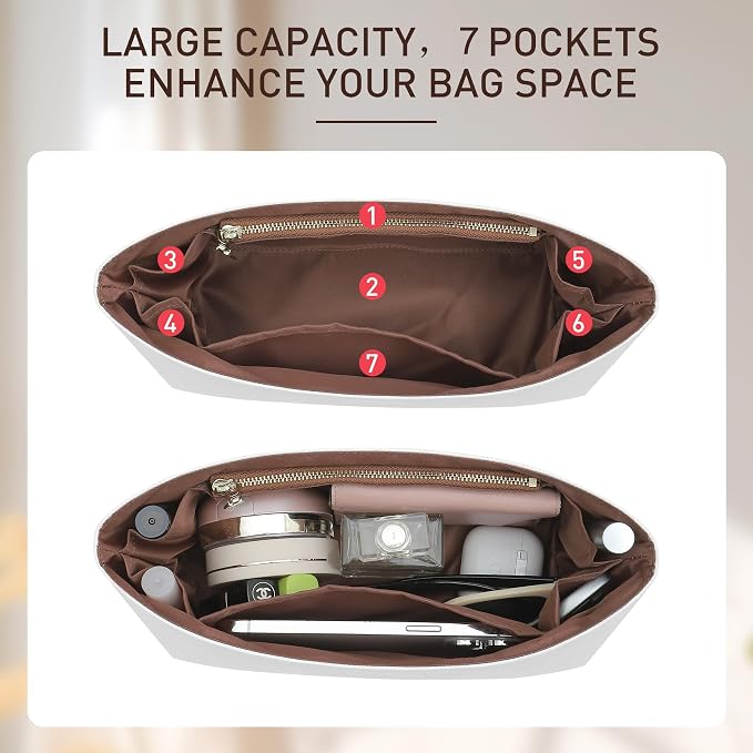 Doxo Purse Organizer Insert Compatible with Coach Brooklyn 28 Bag Insert, Soft Lightweight WaterResistant DupontPaper Divider for Tote Handbag Shaper, 7 Pockets with Zipper(White-Brown) - Image 4