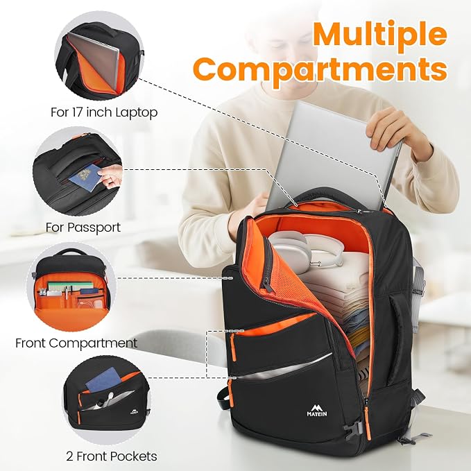 MATEIN Personal Item Backpack, Carryon Bag with Detachable Shoe Compartment | 18×14×8, Airline Approved, Underseat Backpack, Electronics Case, Lightweight Luggage Bag for Frontier Airline, Fit 17" Laptop - Image 6