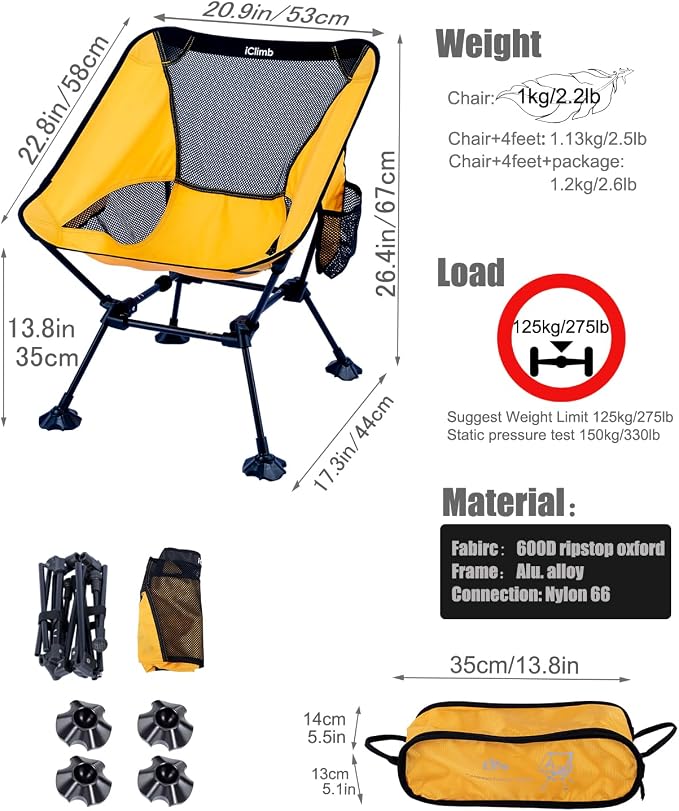 iClimb Ultralight Compact Camping Folding Beach Chair with Anti-Sinking Large Feet and Back Support Webbing (Yellow - Square Frame - 2PC) - Image 3