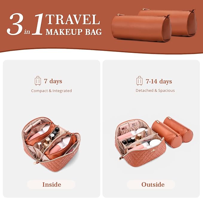 Travel Makeup Bags Cosmetic Organizer: 3Pcs Set Puffy Make up Bag for Women | Brown Premium Quilted ELEGANCE Design | Large Capacity Leather Toiletry Bags | Wide Open Compact Case for Travel Essentials - Image 4