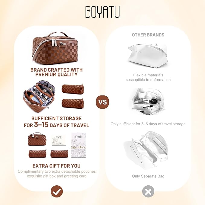 BOYATU Travel Makeup Bag Organizer: 3 Pcs Set Large Capacity Cosmetic Bags Holds 10–20 100ml Full-Size Bottles - 180°Open-Flat Make up Case 3-sec touch-up - Toiletry Bag Gift women (03-A-Coffee) - Image 2
