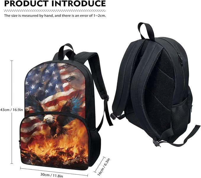 3 Pack School Bag for Boys American Flag Fire Eagle Print Backpack Bookbag with Lunch Box Pencil Case Elementary/Primary/Middle Kids Backpack Daypack Satchel Set - Image 5