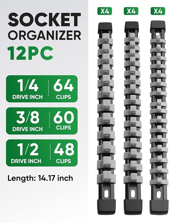 ALOANES 12PC Socket Organizer, Socket Rails Fit 1/2", 1/4" and 3/8" Drive | Heavy Duty ABS Socket Holders Hold up 172 Sockets for Mechanics Toolbox Drawer Bags(Grey) - Image 2