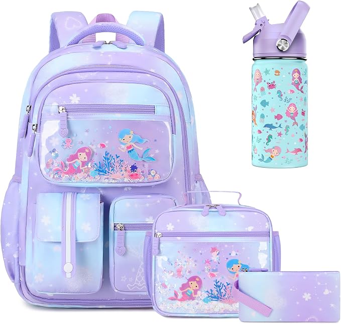 ACESAK Kids School Backpack for Girls, Mermaids Bookbag Backpack with 14OZ Water Bottle, Lunch Bag Set for GirlsTeens Middle Student, Girls Backpacks for School (Purple) by ACESAK