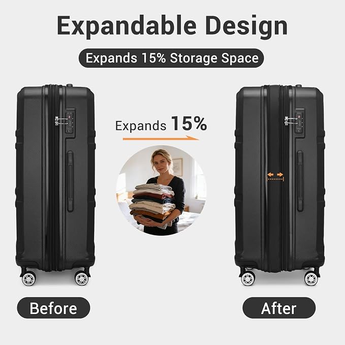 Kono Carry On Luggage Set Airline Approved with Spinner Wheels | Lightweight PC+ABS Carry On Suitcase with TSA Lock Durable Luggage Hardside Black - Image 8
