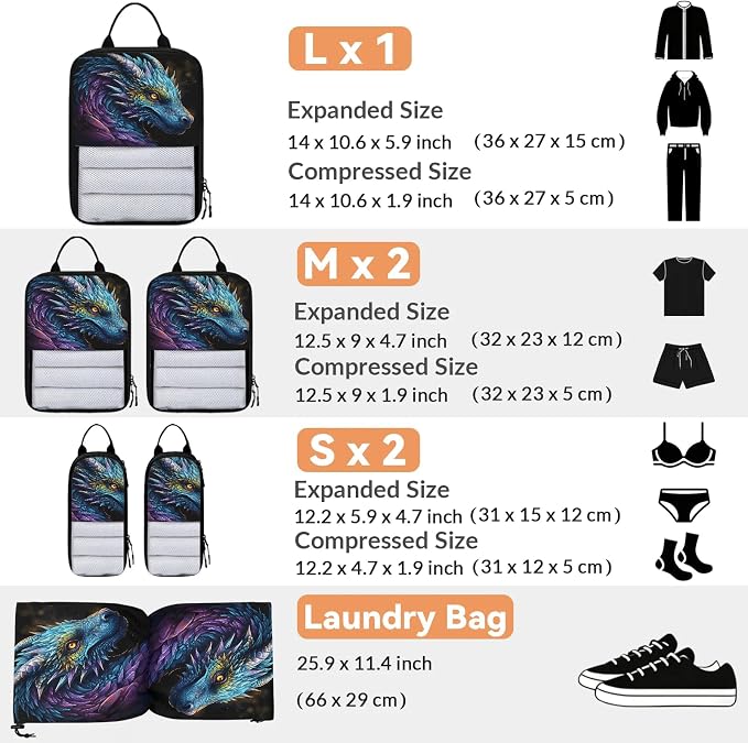 Cool Dragon Compressible Packing Cubes for Suitcase 6 Set Lightweight Expandable Compression Packing Travel Luggage Organizer - Image 2