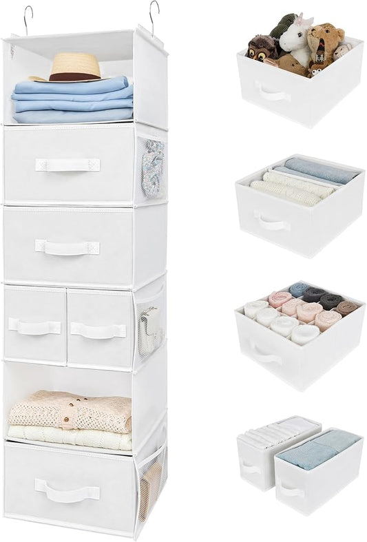 GRANNY SAYS Hanging Closet Organizer and Storage, 6 Shelf Clothes Organization with Drawers, 6 Side Pockets Closet Hanging Shelves for Bras, Socks, Underwear, Nursery Room, Wardrobe, White, 1-Pack by GRANNYSAYS