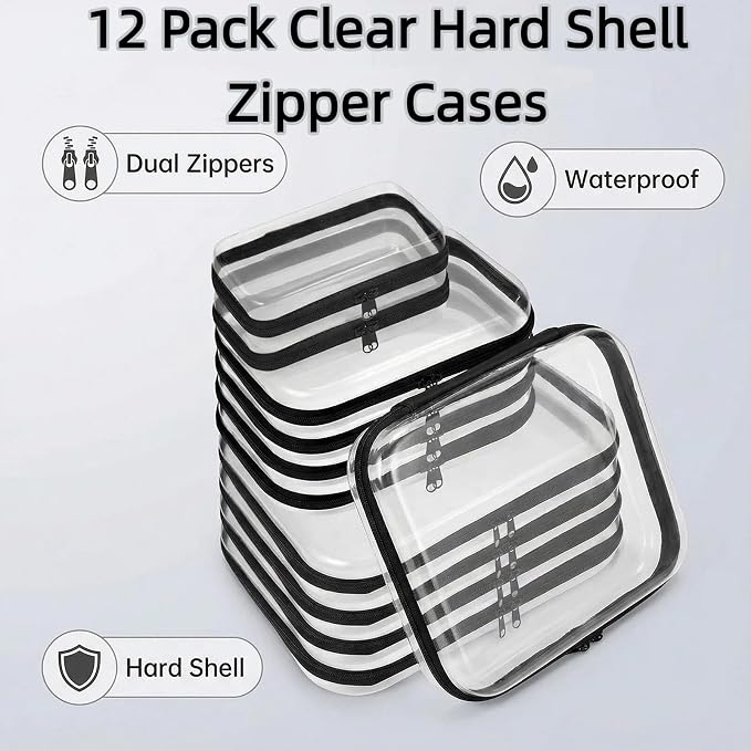 12 Pack Clear Hard Shell Zipper Case (4 Large 4 Small & 4 Medium), Hard Plastic Organizer Pouches for Travel (4L+4M+4S(Black)) - Image 2