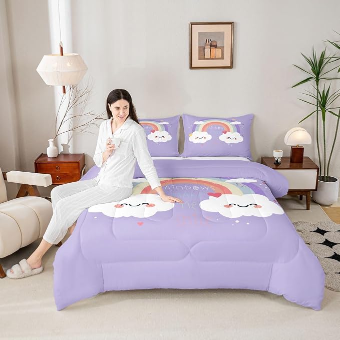 Erosebridal Rainbow Comforter Set for Kids, Cartoon Cloud Down Comforter Twin Size Kawaii Rainbow Bedding Set for Girls Boys Teens Women, Cute Love Heart Duvet Sets for Bedroom Decor, Purple - Image 3